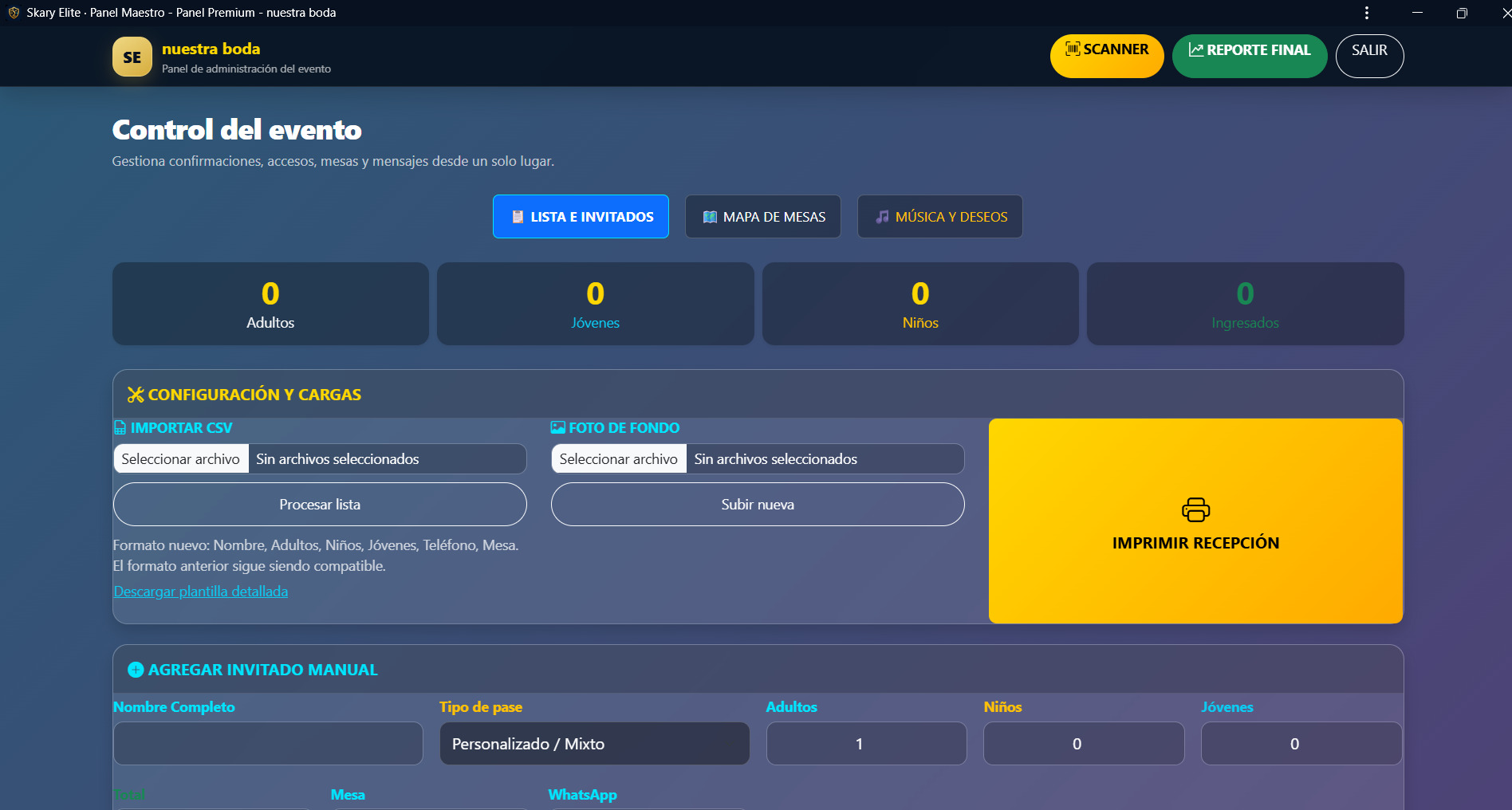 Dashboard real de Skary Control para confirmaciones e invitados